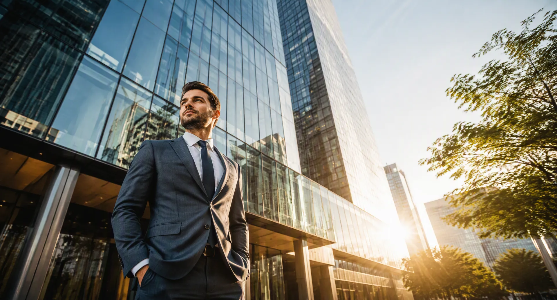 Glass office tower at golden hour