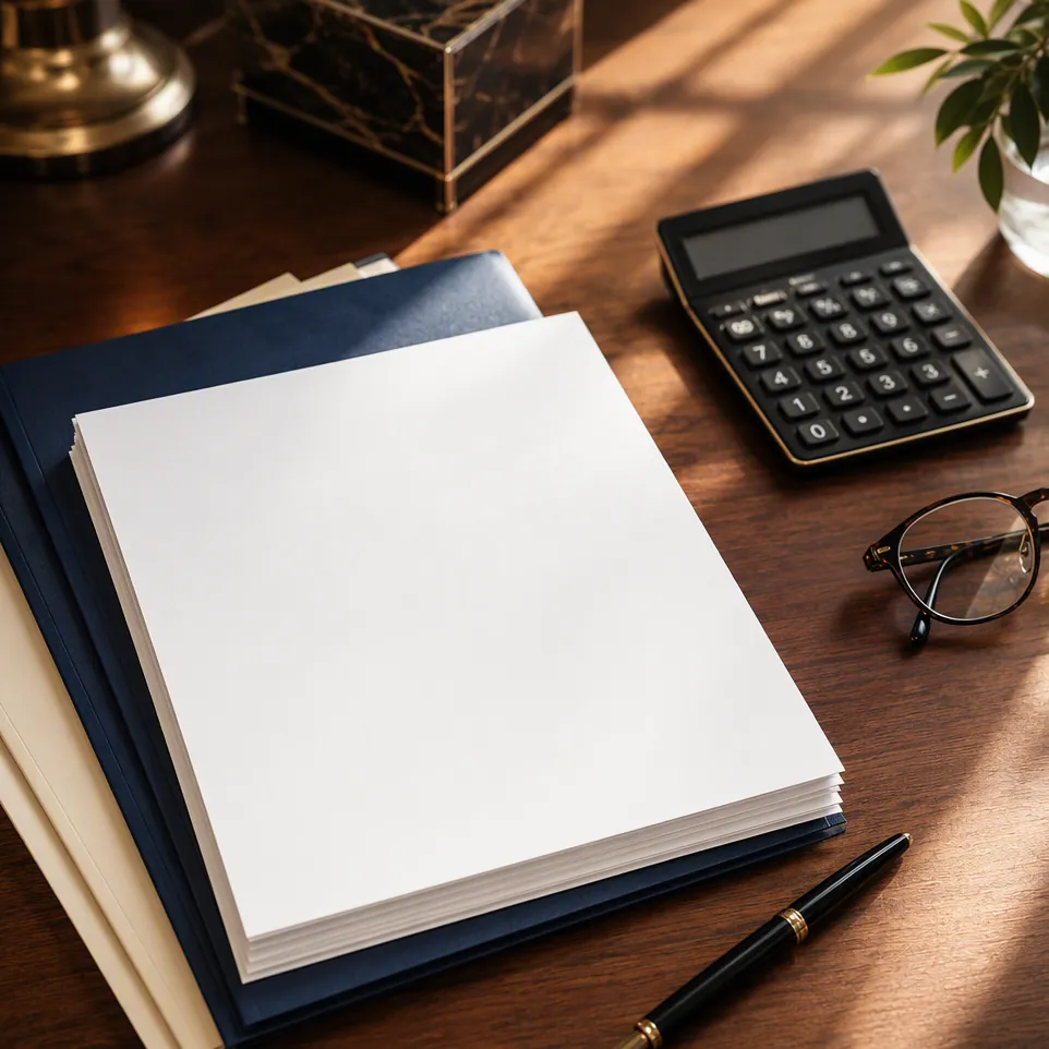 Loan documents, calculator, and glasses arranged on a desk