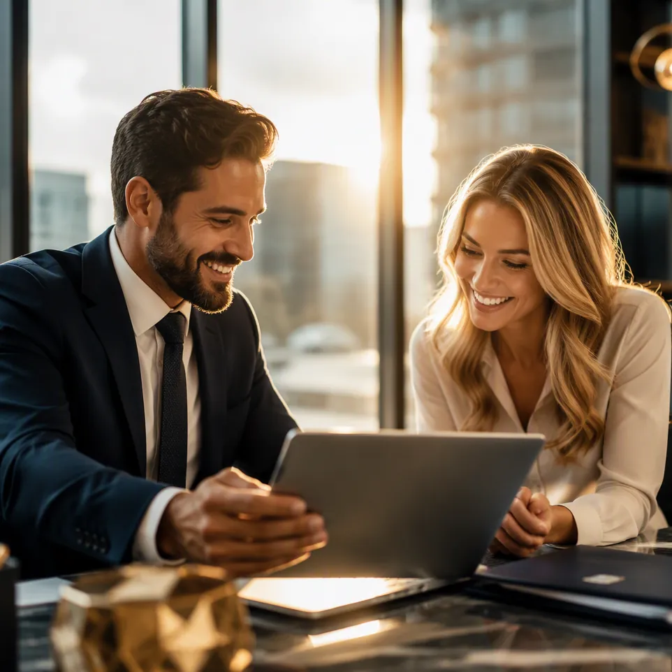 Two smiling clients reviewing approved loan terms on a tablet