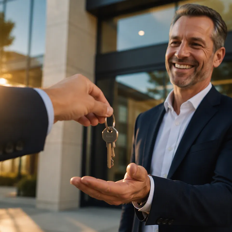 Keys handed to a smiling buyer outside a commercial building